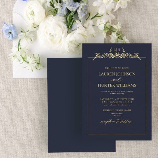 Gold Navy Blue Floral Border Monogram Wedding Folieneinladung (Von Creator hochgeladen)