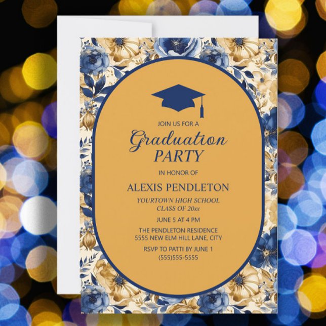 Gold Navy Blue Floral High School Graduation Cap Einladung (Blue and gold floral graduation party invitation)