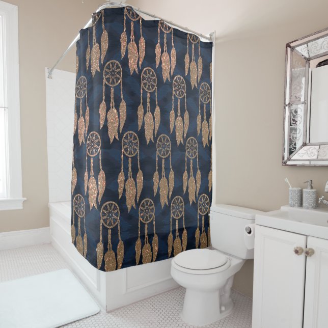 Gold Navy Blue Glitzer Ikat Dream Catcher Muster Duschvorhang (Beispiel)