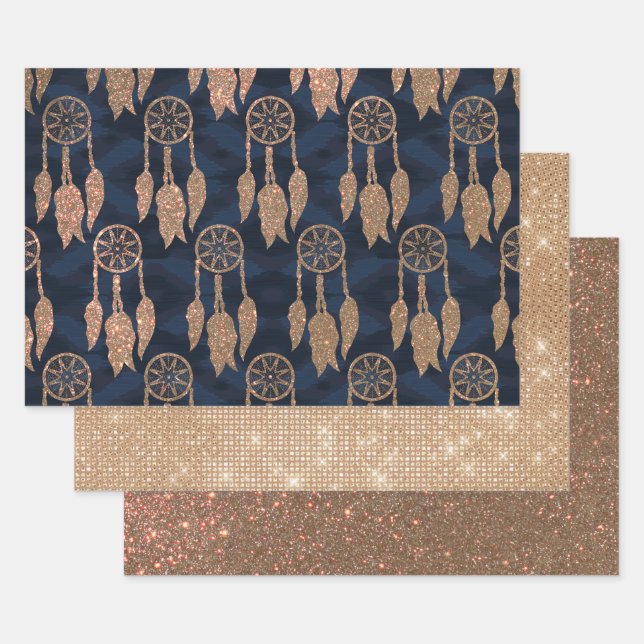 Gold Navy Blue Glitzer Ikat Dream Catcher Muster Geschenkpapier Set (Set)