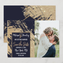 Gold Navy Blue Glitzer Pinselstriche Save the Date