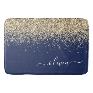Gold Navy Blue Glitzer Script Monogram Girl Name Badematte