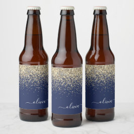 Gold Navy Blue Glitzer Script Monogram Girl Name Bierflaschenetikett