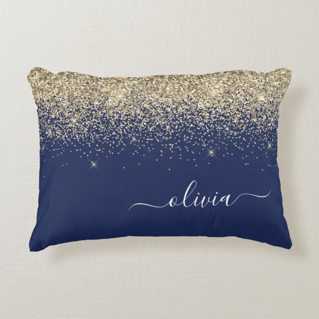 Gold Navy Blue Glitzer Script Monogram Girl Name Dekokissen (Vorderseite)