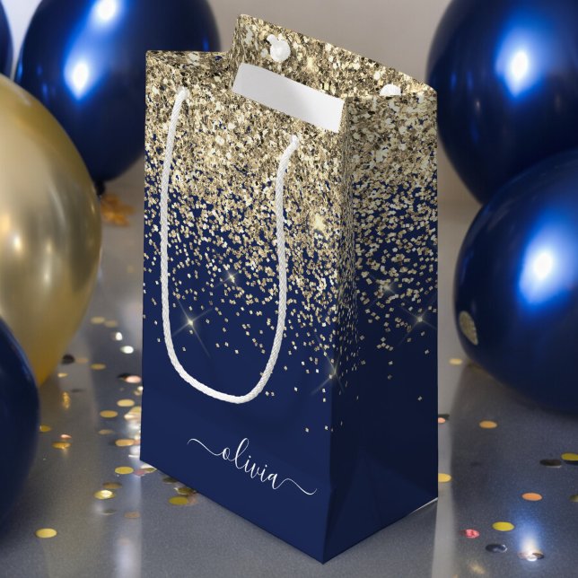 Gold Navy Blue Glitzer Script Monogram Girl Name Kleine Geschenktüte (Von Creator hochgeladen)