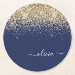 Gold Navy Blue Glitzer Script Monogram Girl Name Runder Pappuntersetzer<br><div class="desc">Navy Blue und Gold Sparkle Glitzer Script Monogram Name Paper Untersetzer. Dies macht den perfekten Abschluss,  Geburtstag,  Hochzeit,  Brautparty,  Jubiläum,  Babydusche oder Junggeselinnen-Abschied Geschenk für jemanden,  die Lieben glamourösen Luxus und schicke Stile.</div>