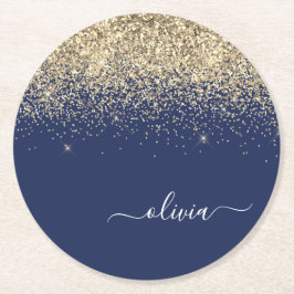 Gold Navy Blue Glitzer Script Monogram Girl Name Runder Pappuntersetzer