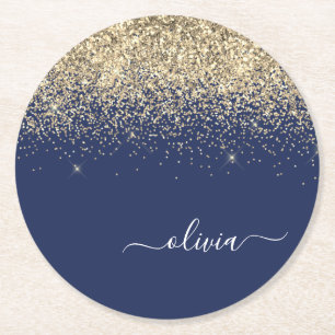 Gold Navy Blue Glitzer Script Monogram Girl Name Runder Pappuntersetzer