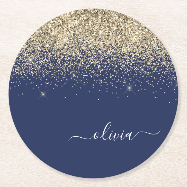 Gold Navy Blue Glitzer Script Monogram Girl Name Runder Pappuntersetzer (Vorderseite)