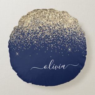 Gold Navy Blue Glitzer Script Monogram Girl Name Rundes Kissen