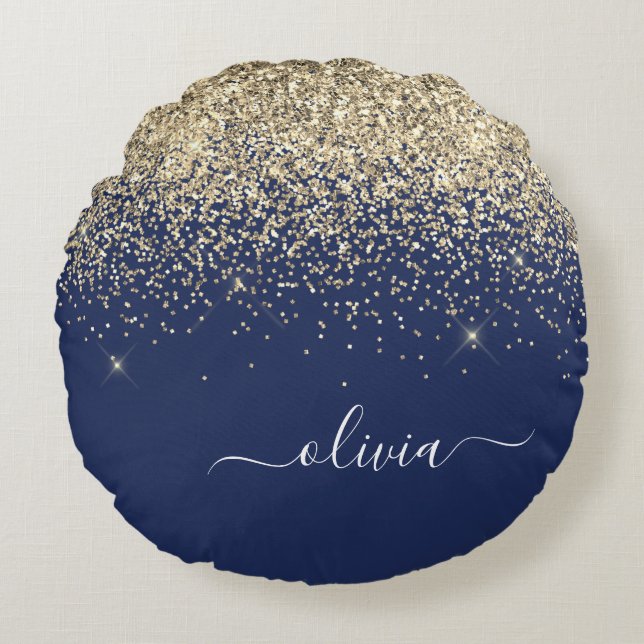 Gold Navy Blue Glitzer Script Monogram Girl Name Rundes Kissen (Vorderseite)