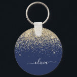 Gold Navy Blue Glitzer Script Monogram Girl Name Schlüsselanhänger<br><div class="desc">Navy Blue und Gold Sparkle Glitzer Script Monogram Name Keychains (Key Chain). Das macht den perfekten 16 Geburtstag,  Hochzeit,  Brautparty,  Jubiläum,  Babydusche oder Junggeselinnen-Abschied Geschenk für jemanden,  der Lieben glamourösen Luxus und schicke Stile.</div>