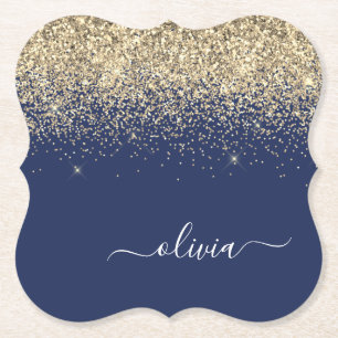 Gold Navy Blue Glitzer Script Monogram Girl Name Untersetzer