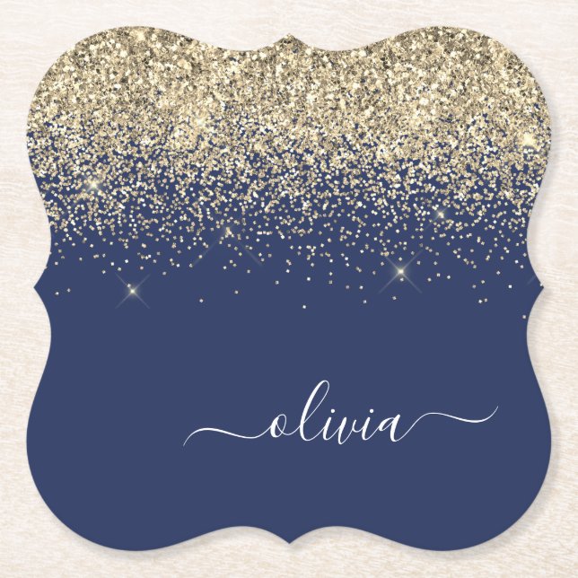 Gold Navy Blue Glitzer Script Monogram Girl Name Untersetzer (Vorderseite)