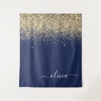 Gold Navy Blue Glitzer Script Monogram Girl Name