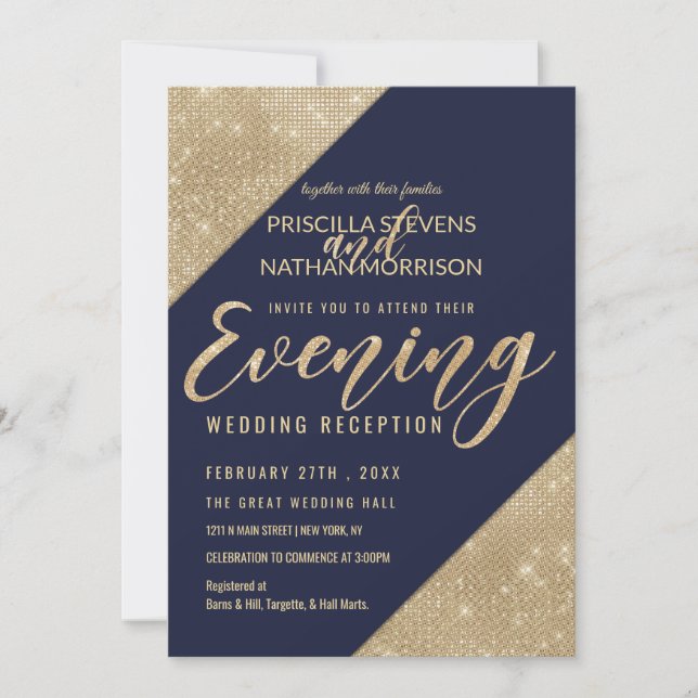 Gold Navy Blue Imitats Glitzer Sequin Abend Einladung (Vorderseite)