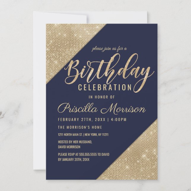 Gold Navy Blue Imitats Glitzer Sequin Birthday Einladung (Vorderseite)