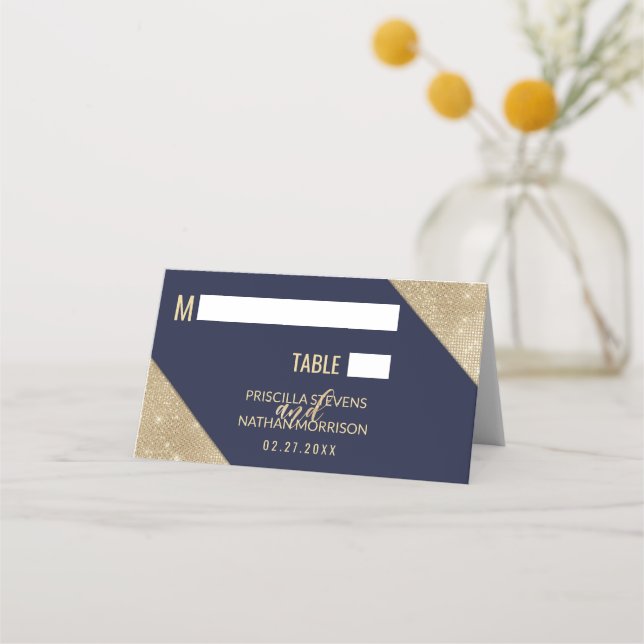 Gold Navy Blue Imitats Glitzer Sequin Platzkarte (Vorderseite)