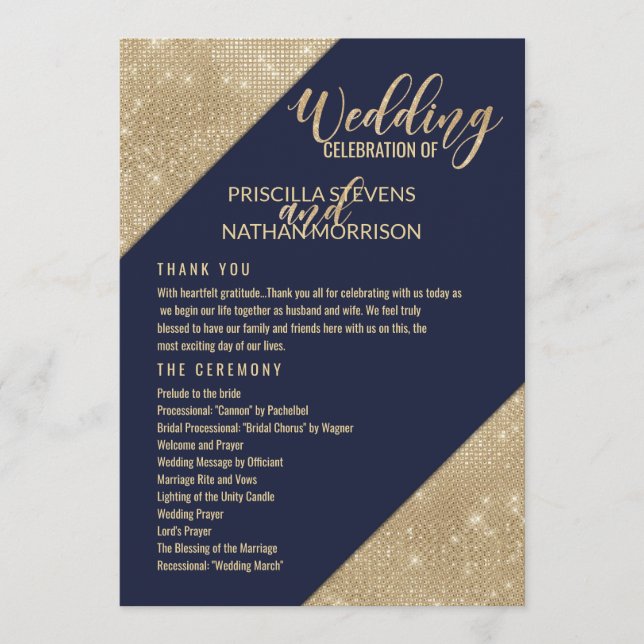 Gold Navy Blue Imitats Glitzer Sequin Wedding Prog Programm (Vorderseite)