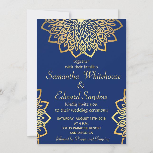 Gold Navy Blue Mandala Hochzeitseinladung Einladung (Vorderseite)