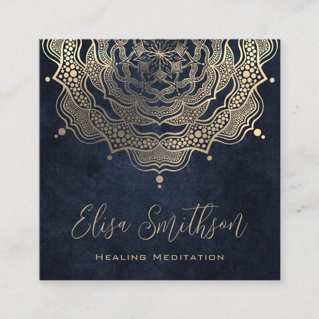Gold & Navy Blue Mandala Reiki Heilung Meditation Quadratische Visitenkarte (Vorderseite)