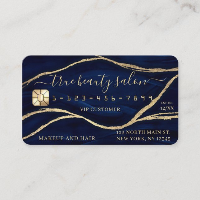 Gold Navy Blue Marble Signature Script Kreditkarte Visitenkarte (Vorderseite)