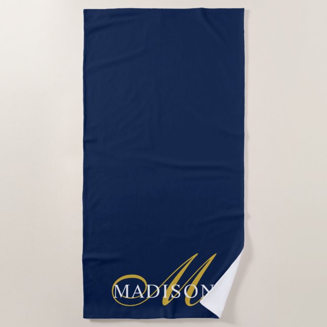 Gold Navy Blue Mit Monogramm Beach Handtuch (Vorderseite)