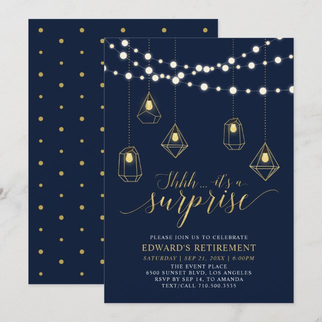 Gold & Navy Blue Modern Surprise Retirement Party Einladung (Vorne/Hinten)