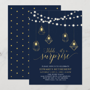 Gold & Navy Blue Modern Surprise Retirement Party Einladung