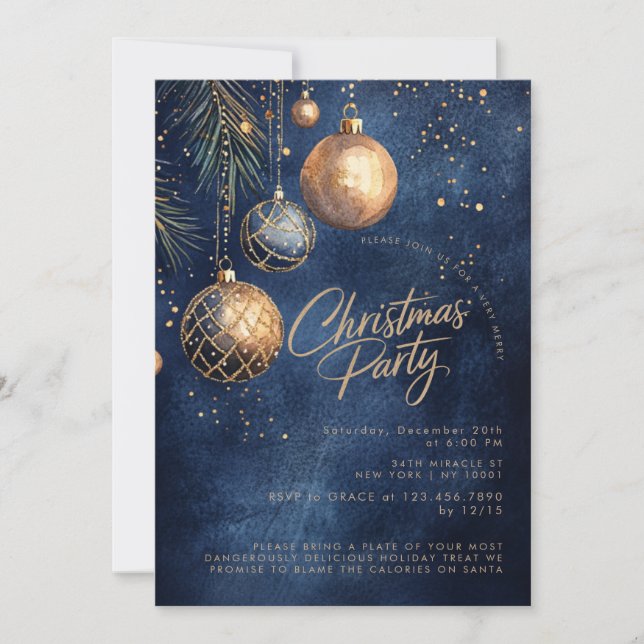 Gold Navy Blue Ornaments Baubles Weihnachten Einladung (Vorderseite)