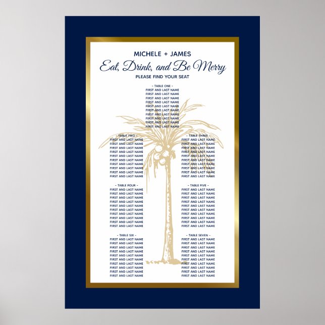 Gold Navy Blue Palm Tropical Wedding Chart Poster (Vorne)