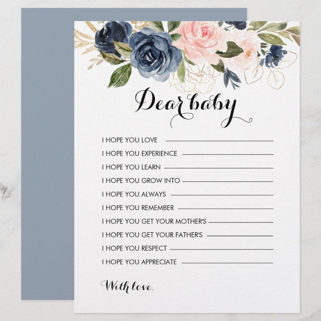 Gold Navy Blue Pink Floral Wünsche für Baby (Vorne/Hinten)