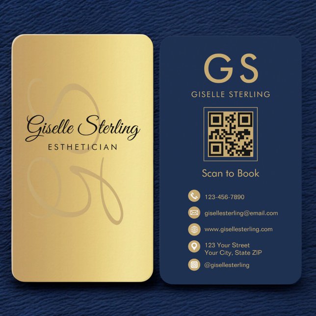 Gold Navy Blue QR Code Esthetician Monogram Visitenkarte (Von Creator hochgeladen)
