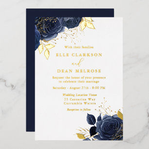 Gold & Navy Blue Rose Hochzeit Real Golden Folieneinladung