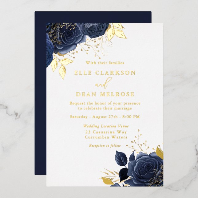 Gold & Navy Blue Rose Hochzeit Real Golden Folieneinladung (Vorderseite/Rückseite)