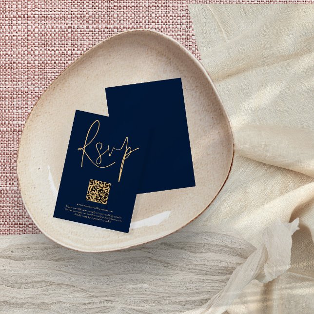 Gold Navy Blue Script Qr Code Hochzeit RSVP Karte (Von Creator hochgeladen)