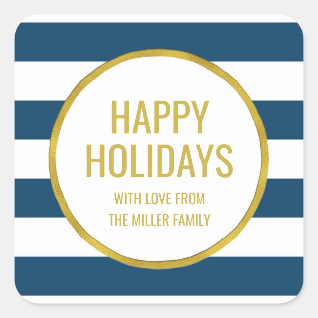 Gold Navy Blue Stripes Happy Holidays Custom Quadratischer Aufkleber (Vorderseite)