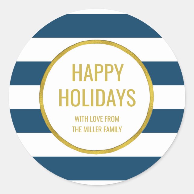 Gold Navy Blue Stripes Happy Holidays Custom Runder Aufkleber (Vorderseite)