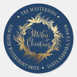 Gold Navy Blue Weihnachtskraut Rücksendeadresse Runder Aufkleber
