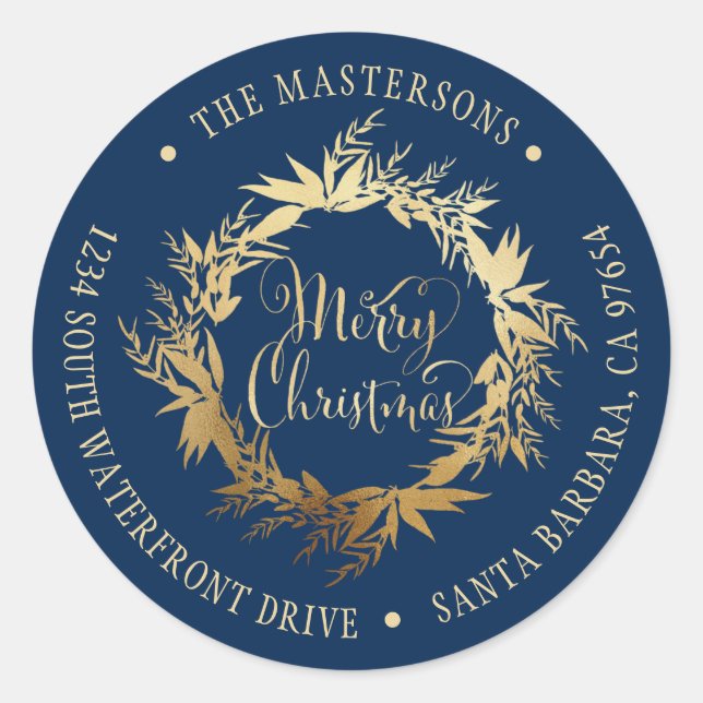 Gold Navy Blue Weihnachtskraut Rücksendeadresse Runder Aufkleber (Vorderseite)