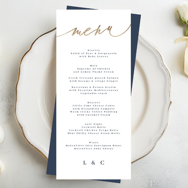 Gold Navy Blue White Simple Classic Wedding Menükarte (Von Creator hochgeladen)