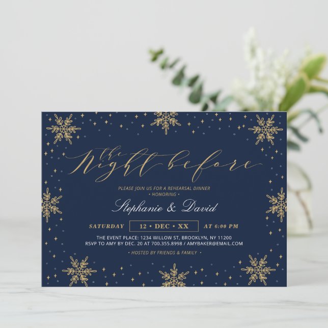 Gold & Navy Blue Winter Probe Dinner Party Einladung (Stehend Vorderseite)
