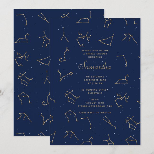 Gold Navy Blue Zodiac Constellations Brautparty Einladung (Vorne/Hinten)