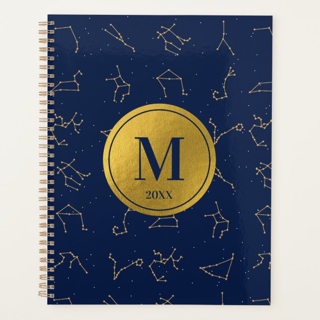 Gold & Navy Blue Zodiac Constellations Monogram Planer (Vorderseite)