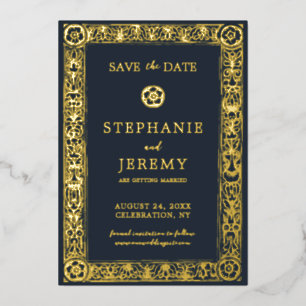 Gold Navy Botanical Floral Save the Date   Folieneinladung