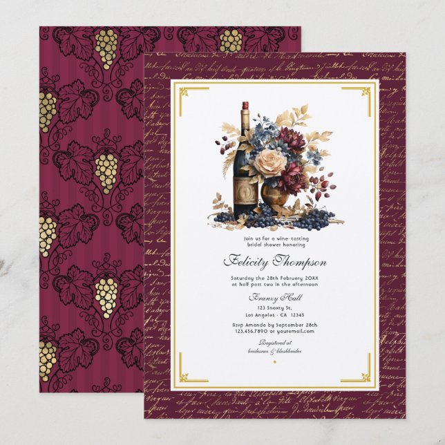 Gold, Navy & Burgund Wein Degustation Brautparty Einladung (Vorne/Hinten)