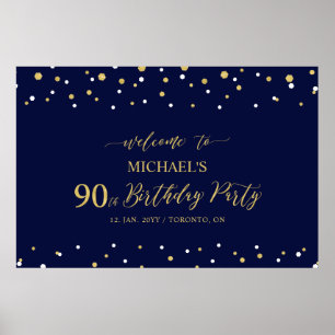Gold & Navy Confetti 90. Geburtstagsparty Willkomm Poster
