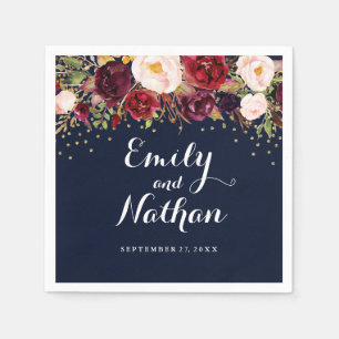 Gold Navy Confetti Burgundy Floral Wedding Napkin Serviette