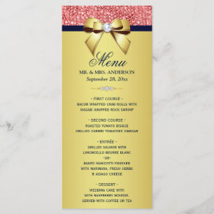 Gold Navy Coral Sequins Diamonds Bow Wedding Menu Menükarte