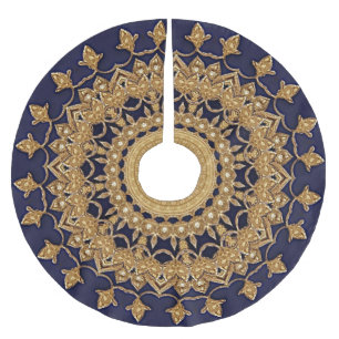 Gold Navy Decorative Holiday Tree Skirt Polyester Weihnachtsbaumdecke